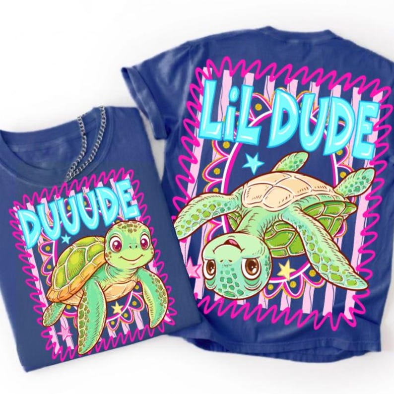 Duuude and Lil Dude PNG design featuring a father and son turtle duo in a vibrant retro neon style.