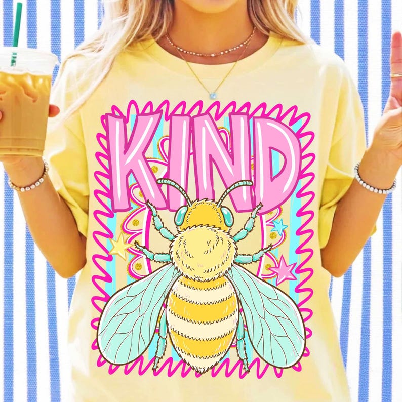 Retro Bee Kind PNG design on a striped t-shirt, perfect for back to school.