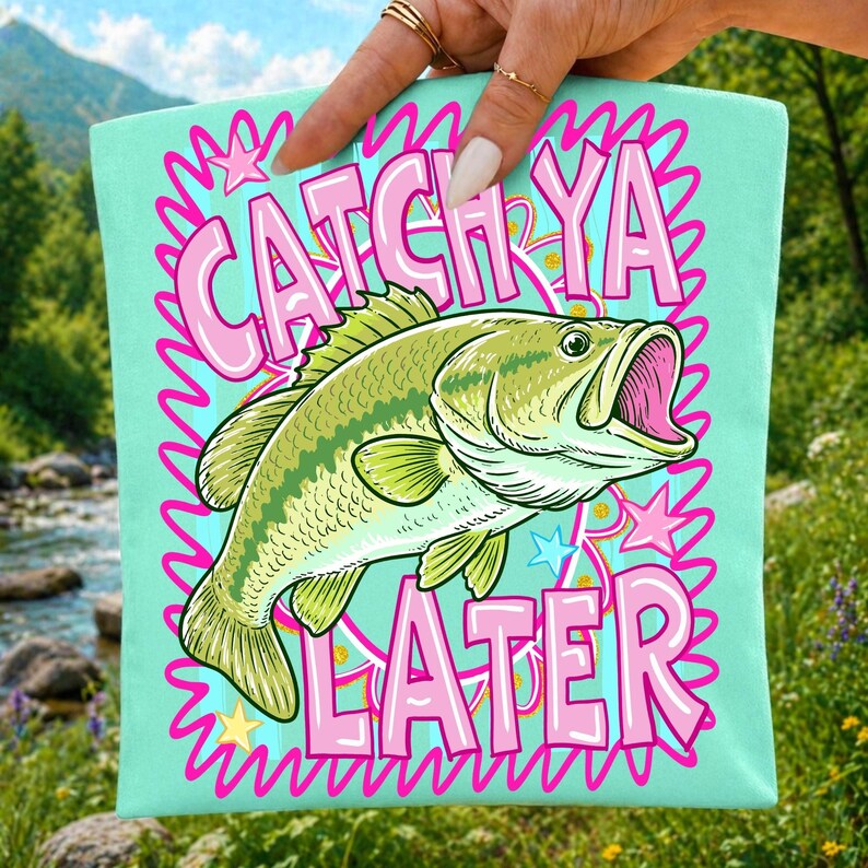 A digital design featuring a largemouth bass jumping, with "Catch Ya Later" text and preppy coastal stripes in pastel colors.