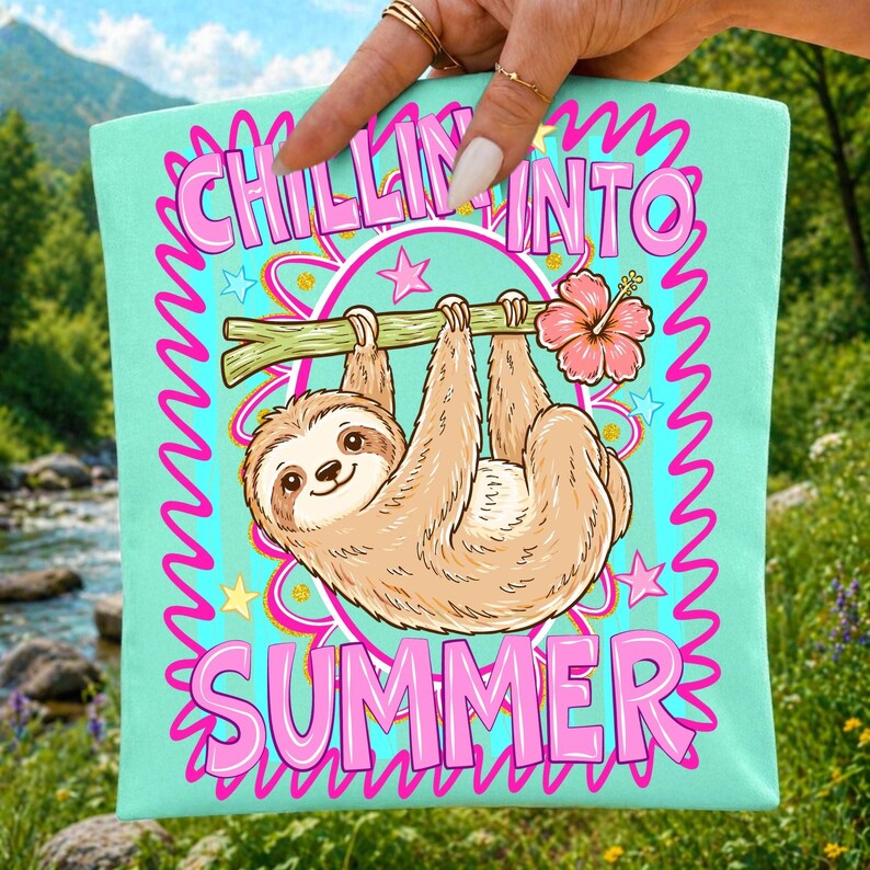 Chillin' Into Summer Sloth PNG design featuring a striped sloth in sunglasses, perfect for summer vacation crafts.