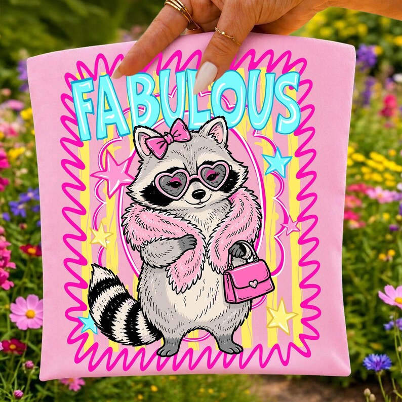 A close-up of the Feral Raccoon PNG design, showcasing the raccoon with a diamond necklace, pink neon stripes, and "Stay Trashy" text.