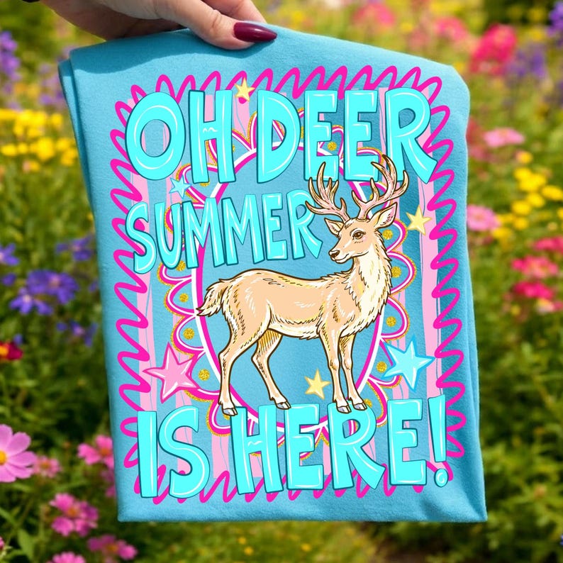 Oh Deer Summer retro preppy deer sublimation design on a white t-shirt