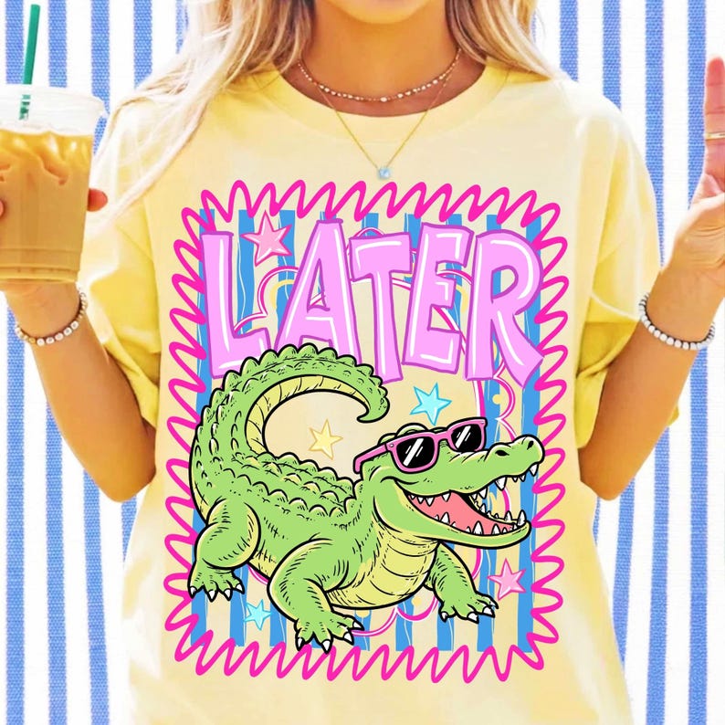 Preppy Later Gator PNG Sublimation Design with Striped Alligator