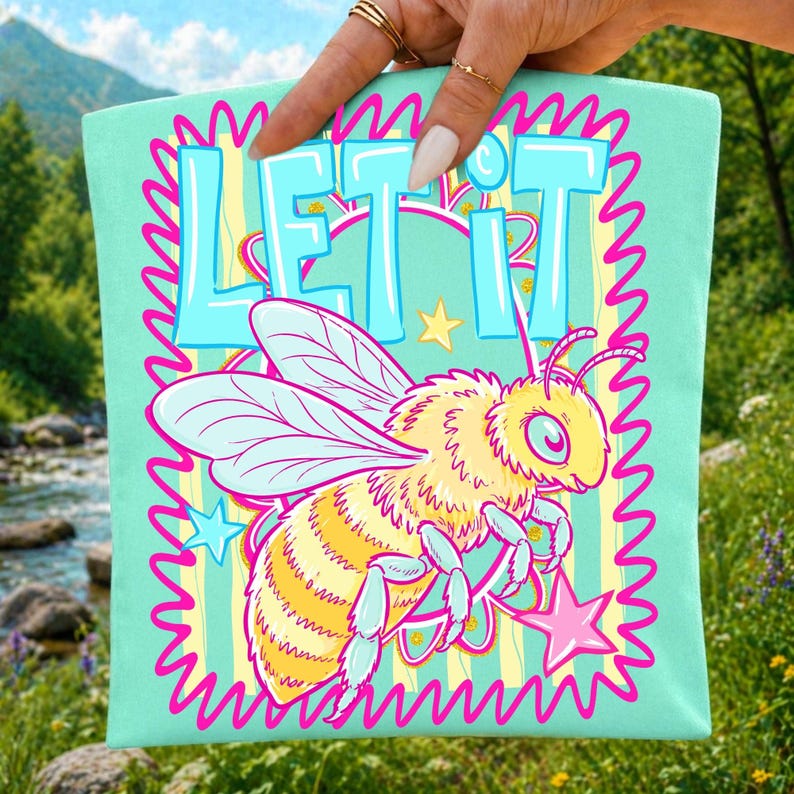Let It Bee Preppy Striped PNG Sublimation Design with Floral Bee