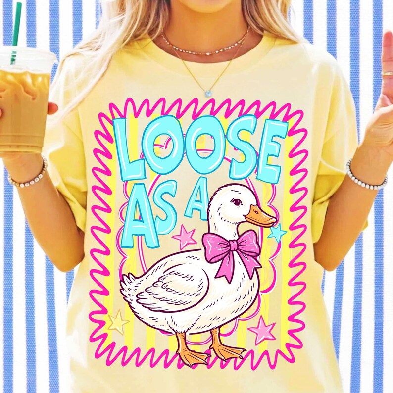 Cute coquette goose wearing a pink bow with Loose As A Goose typography