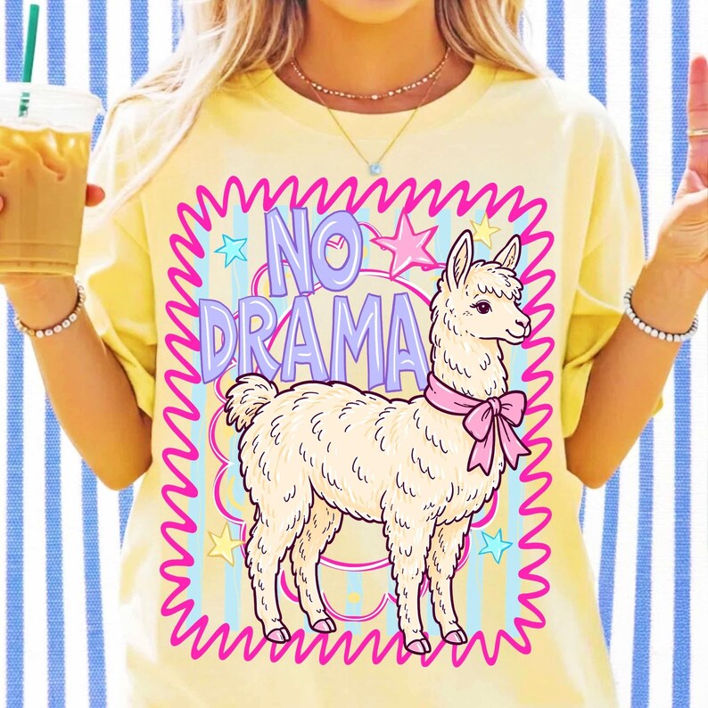 No Drama Llama PNG sublimation design featuring a cute llama with a pink bow