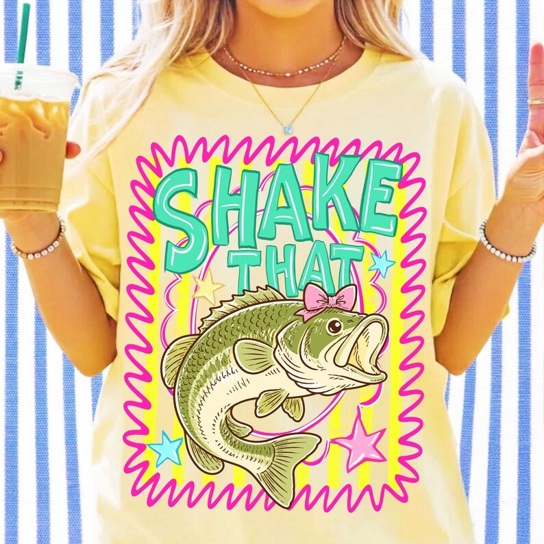 'Shake That Bass' retro preppy bass fish PNG design showcasing the vibrant summer coastal theme.