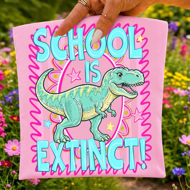 Cute cartoon dinosaur wearing a backpack with School Is Extinct sublimation design