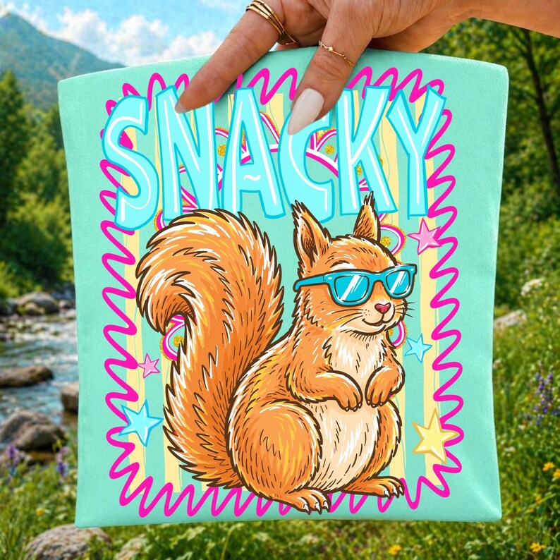 Image of Cute Snacky Squirrel PNG Sublimation Design, Funny Squirrel with Sunglasses Shirt Graphic, Girly Boutique Animal Clipart, Fall DTF File