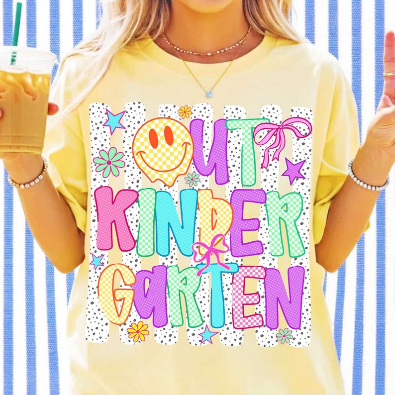 Peace Out Kindergarten PNG Graduation Sublimation Design with Retro Smiley Face