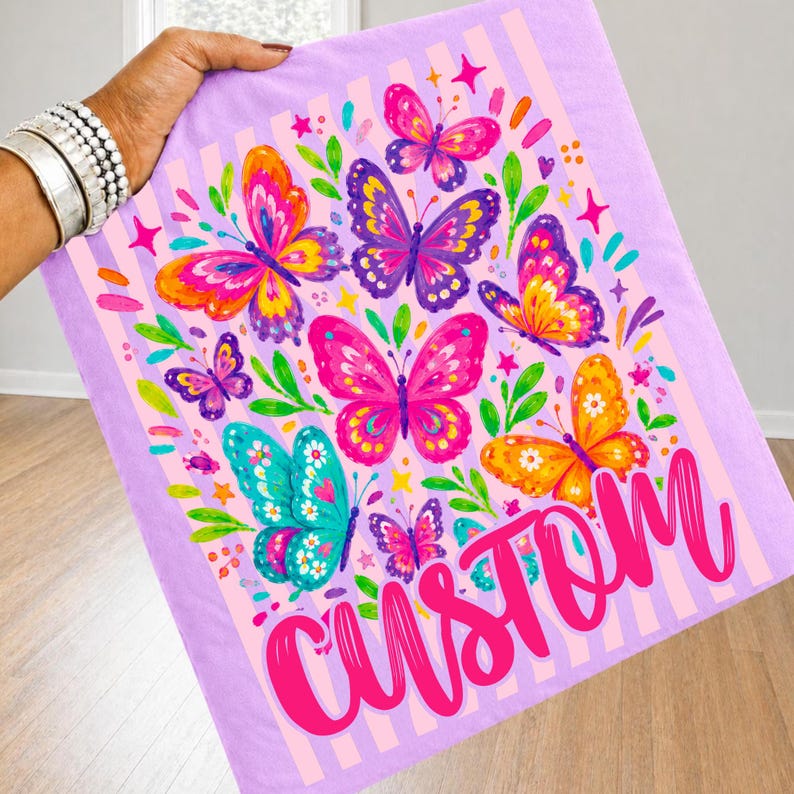 Close-up of the Custom Name Butterfly Mama PNG design with vibrant neon wildflowers, bold stripes, and a hand-painted aesthetic.