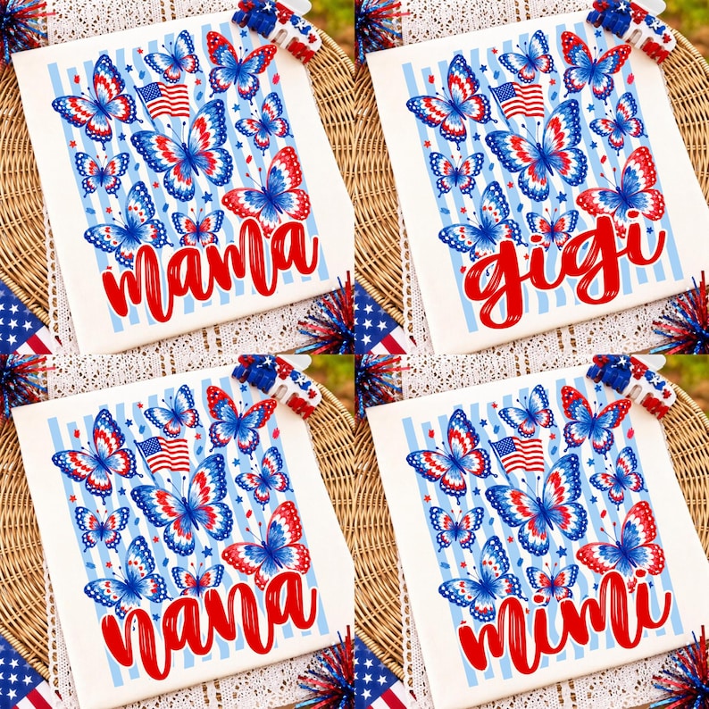 Patriotic Butterfly Mama PNG design with red, white, and blue stripes and a floral accent