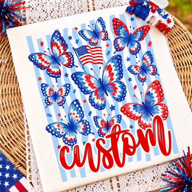 Preppy 4th of July Patriotic Butterfly Custom Name PNG Sublimation Design on a white t-shirt mockup