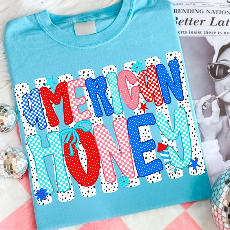 Vibrant American Honey PNG 4th of July sublimation design featuring a coquette bow, retro text, and patriotic leopard checkered star elements.