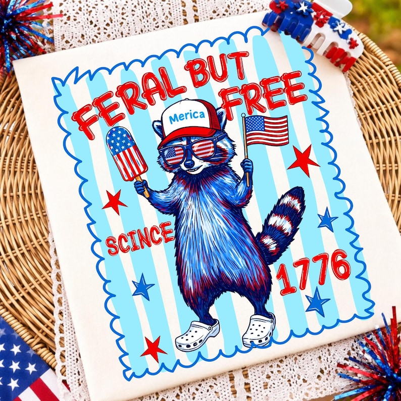 Feral But Free Patriotic Raccoon 4th of July Sublimation Design