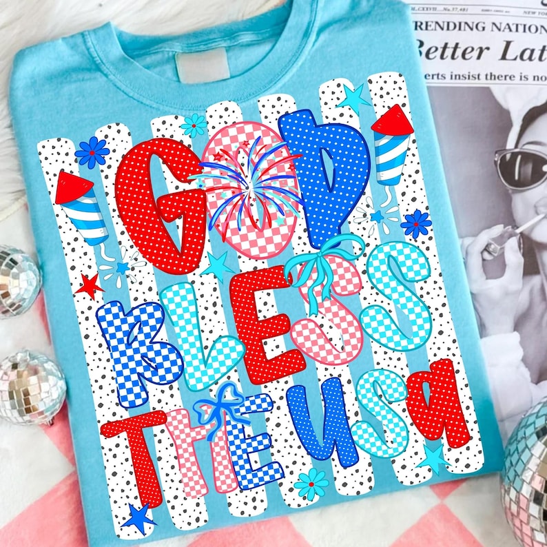 God Bless The USA Patriotic Christian PNG Bundle featuring trendy coquette bows and floral elements