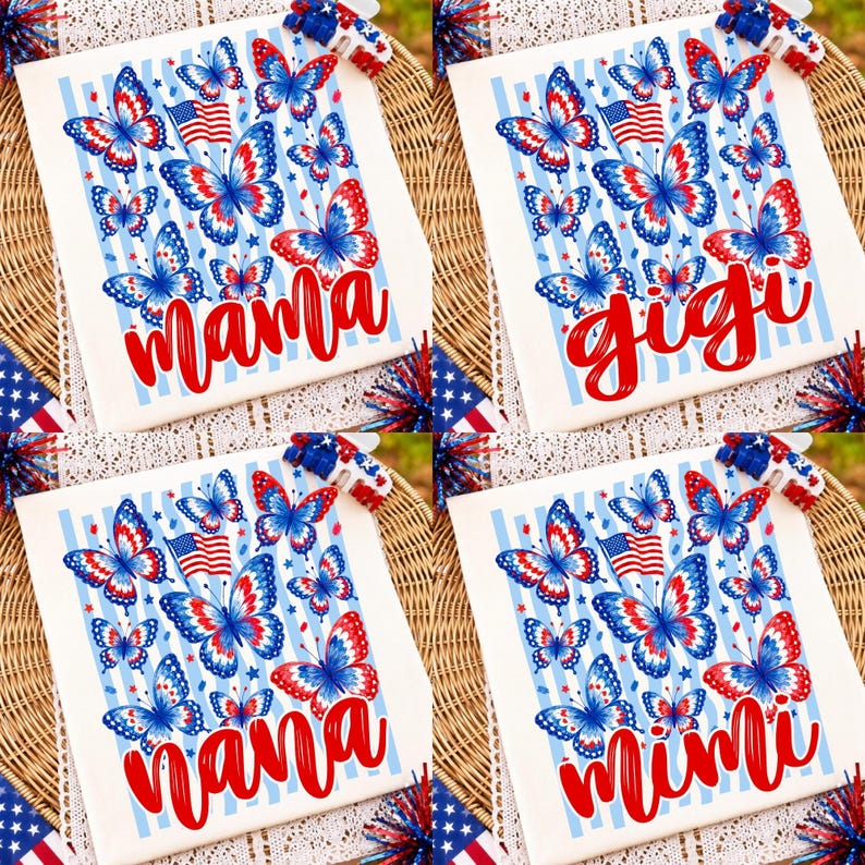 Patriotic Butterfly America PNG font bundle with floral and striped designs