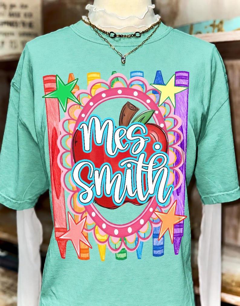 Vibrant striped preppy teacher PNG sublimation file with colorful pencils and blue gingham accents.