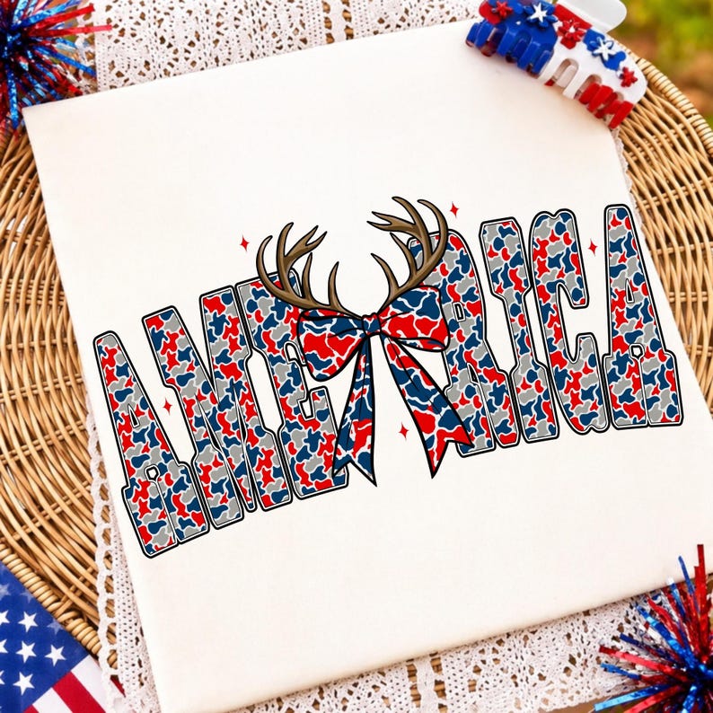 Retro Camo America PNG font with patriotic deer elements, ideal for 4th of July sublimation.
