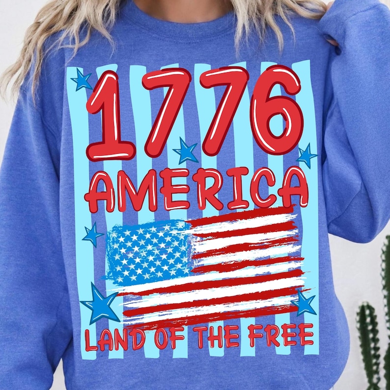 Retro 1776 America Land of the Free PNG design on a white t-shirt, perfect for Fourth of July sublimation.