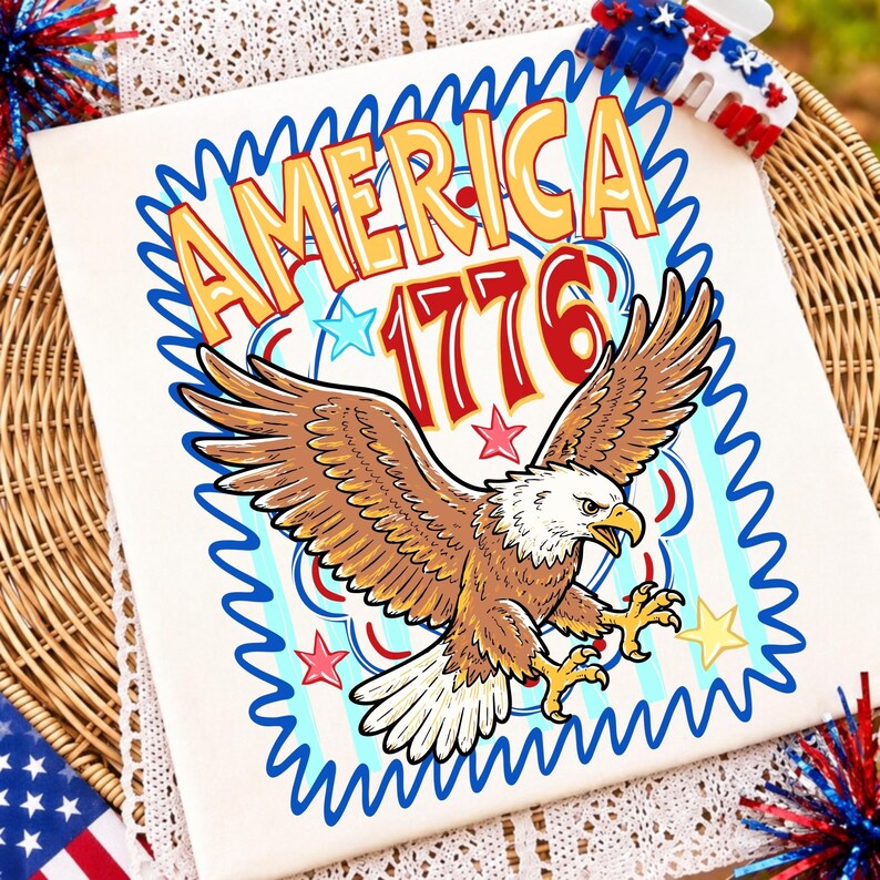 Image of Preppy Patriotic Eagle PNG 4th of July Sublimation America 1776 PNG Retro Striped Eagle Star Design for Shirts DTF Digital Download