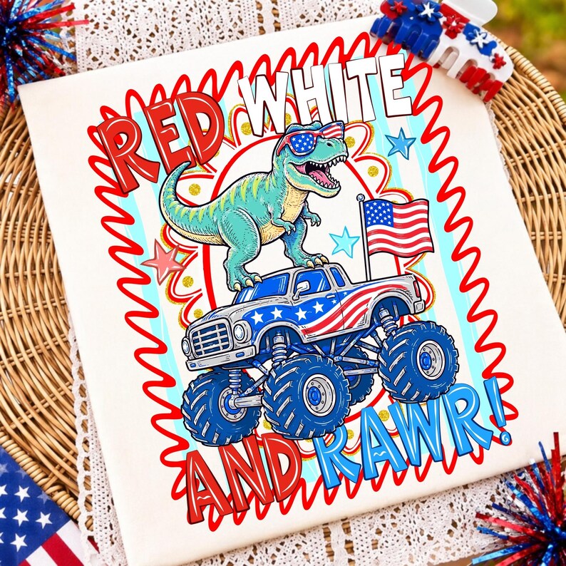 Red White and Rawr 4th of July Dinosaur PNG Font Bundle
