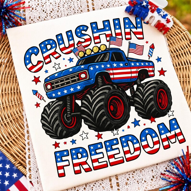 Patriotic Monster Truck PNG design with 'Crushing It For Freedom' text and USA flag details.