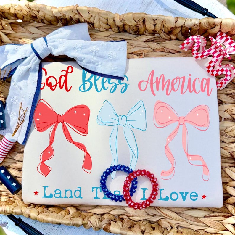 God Bless America Coquette 4th of July Sublimation Design with patriotic bow and text