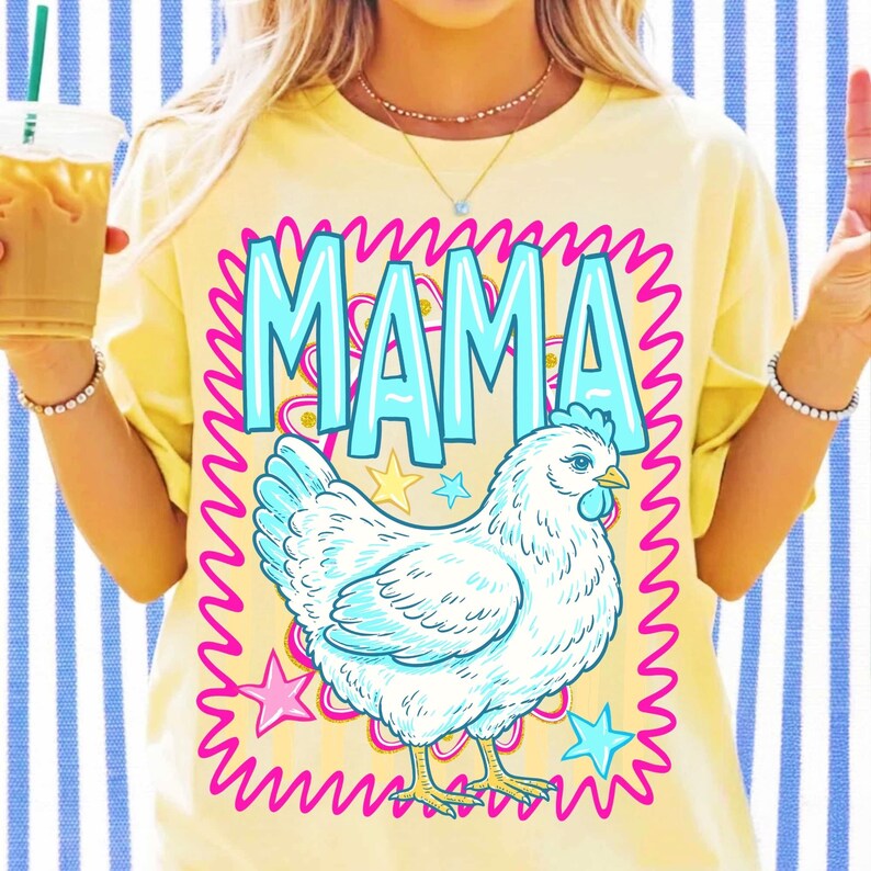 Mama Hen Retro Farmhouse Chicken PNG design on a white t-shirt mockup, showcasing vintage style and rustic colors.