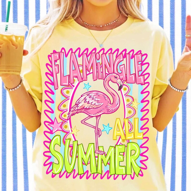 Image of Flamingle All Summer PNG Funny Flamingo Shirt Design Tropical Drink Beach Party Tee Summer Vacation Sublimation File DTF Clipart
