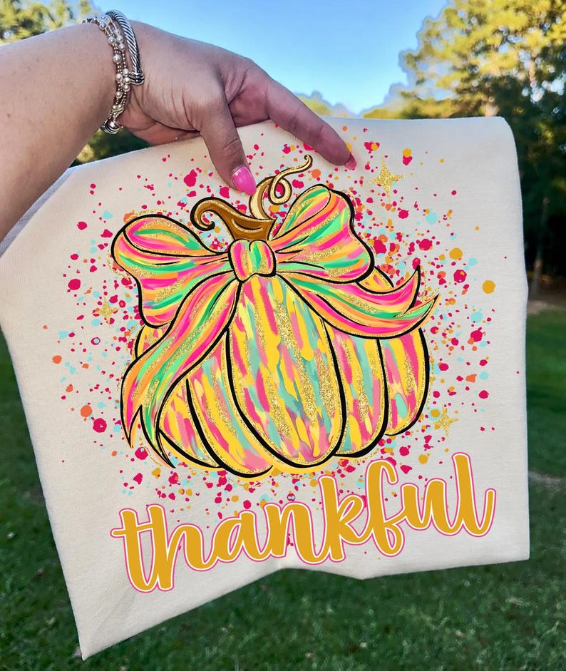 Thankful Pumpkin PNG Fall Sublimation Design with Autumn Bow for DIY apparel and crafts