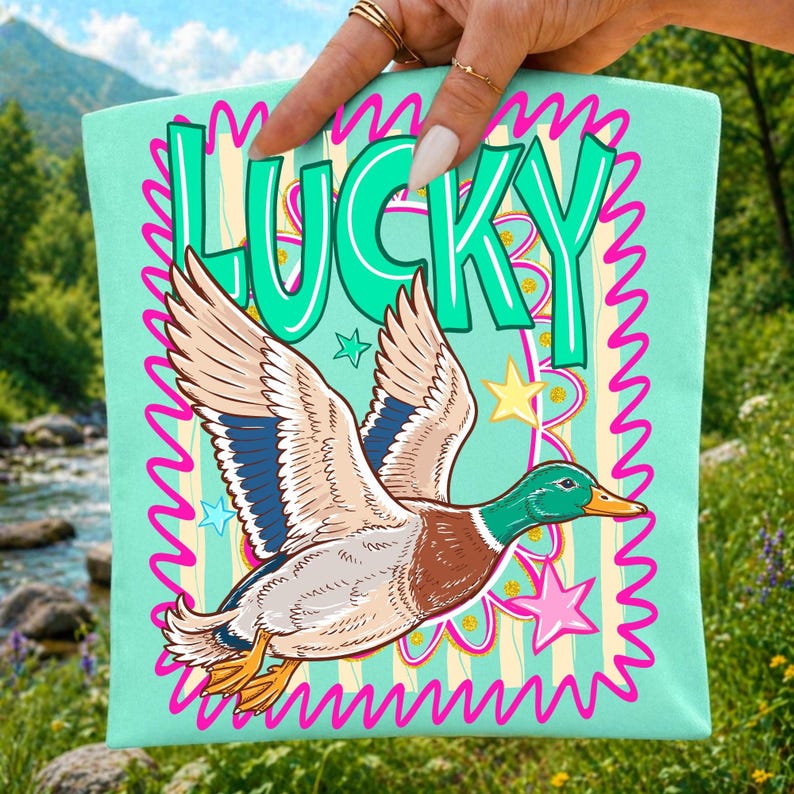 Lucky Duck Striped PNG Sublimation Design on a T-Shirt