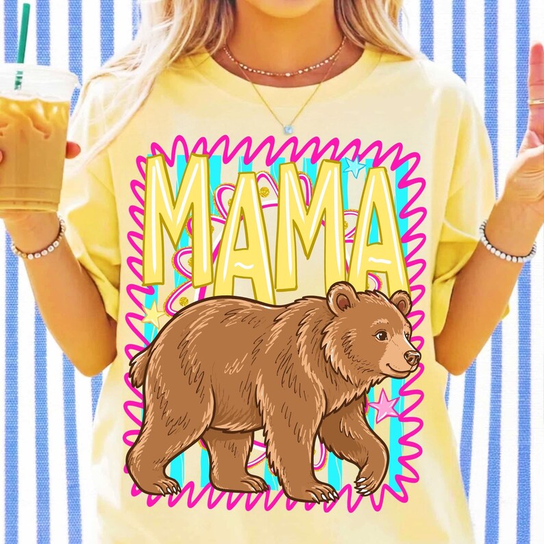 Pink Coquette Mama Bear PNG Design with Seersucker Stripes