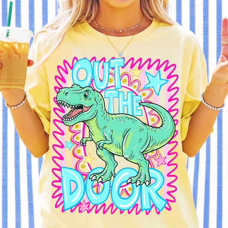 Image of Out The Door Dinosaur PNG Last Day of School Sublimation Design Preppy End of School Year Shirt Graphic Fourth Grade Digital Download