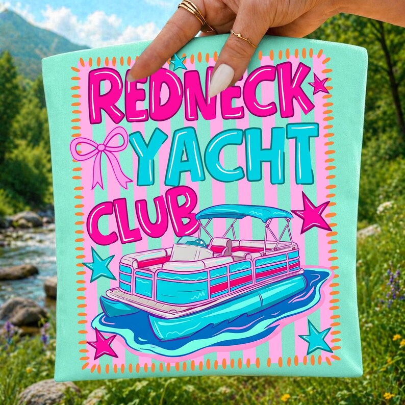 Redneck Yacht Club Coquette PNG design with boat, gator, and bows, perfect for lake day sublimation.