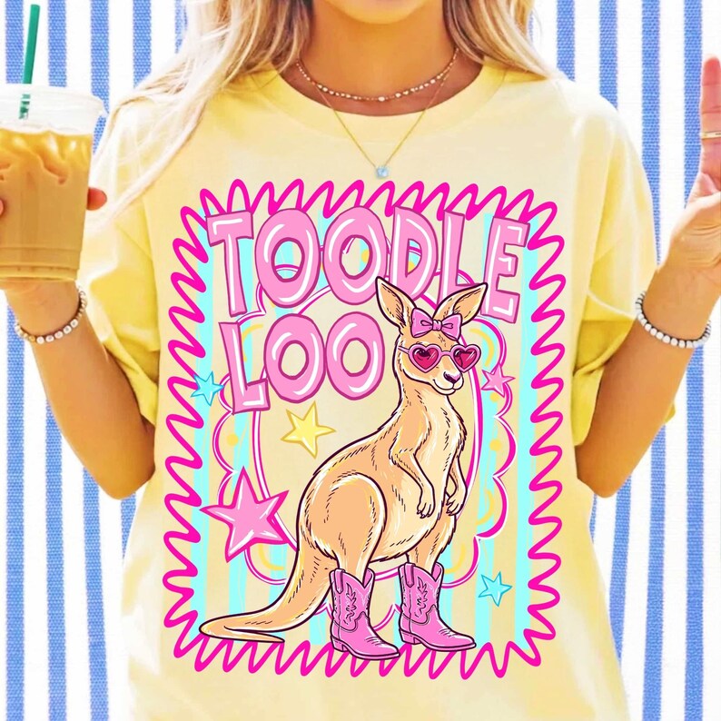 Toodle Loo Cute Kangaroo Sublimation Design with Pink Cowgirl Boots and Bow