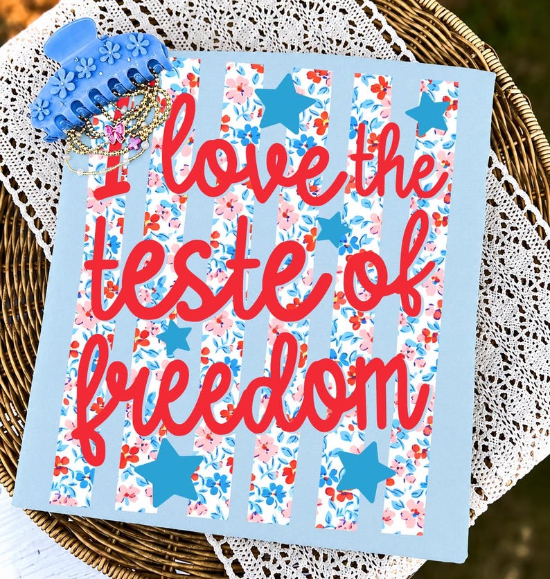 Couple wearing matching 'I Love The Taste of Freedom' shirts, celebrating patriotism.