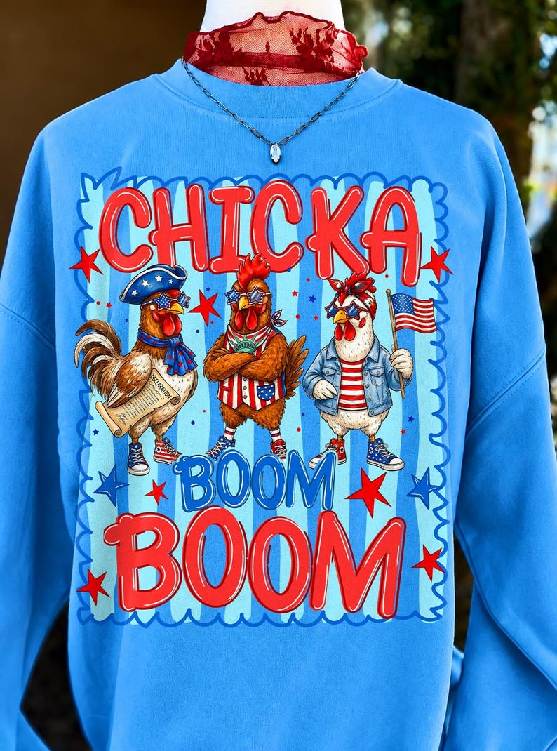Funny Patriotic Chicken PNG design for 4th of July, featuring a chicken with 'Boom Boom' text in red, white, and blue.