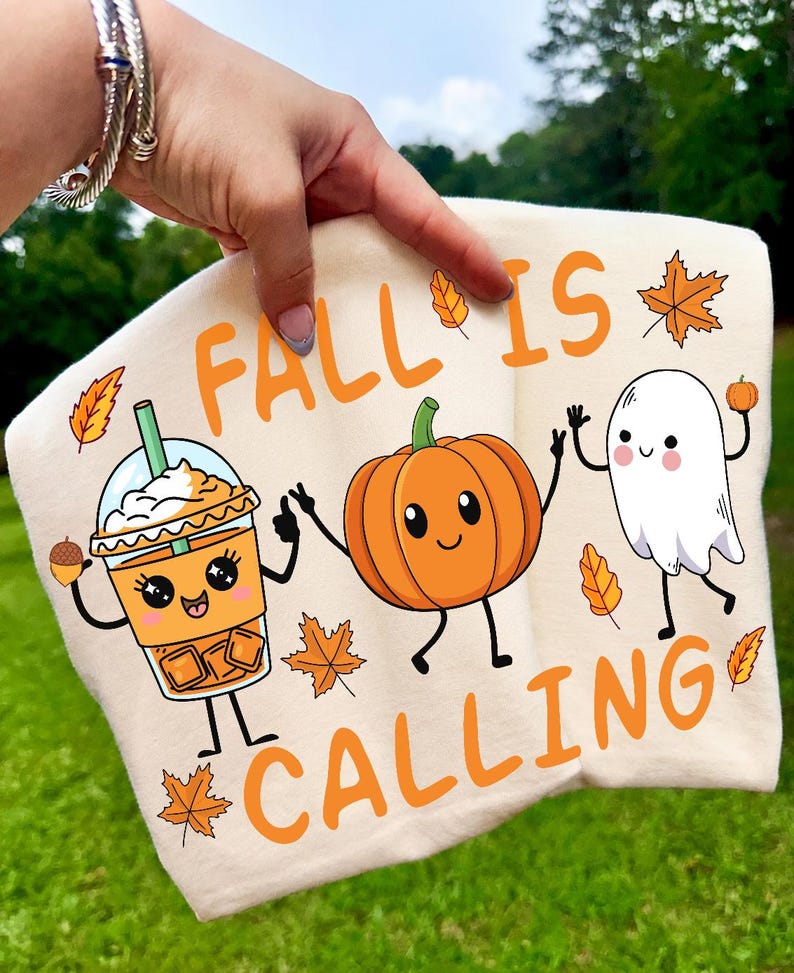 Cute Kawaii Fall Friends PNG design featuring whimsical autumnal characters and a cozy pumpkin spice latte.