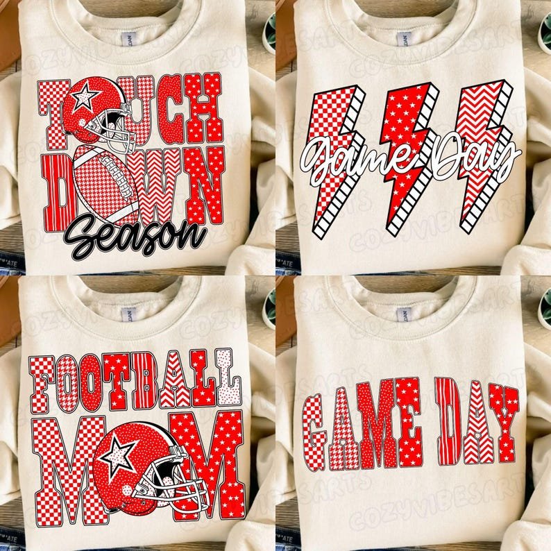 Red Football PNG Bundle featuring leopard and checkered bow designs