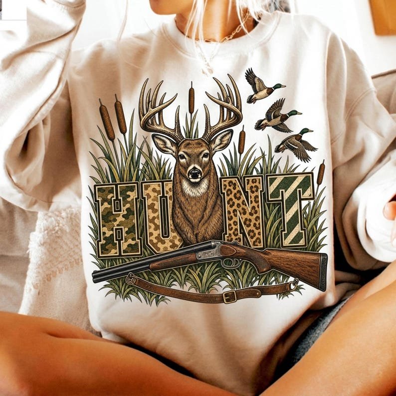 Camo Deer and Duck Hunting PNG on a t-shirt