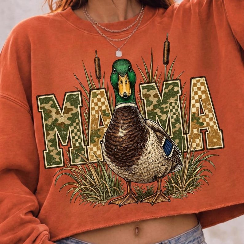Mama Duck Hunting PNG digital design featuring a mallard mom silhouette with camo texture.