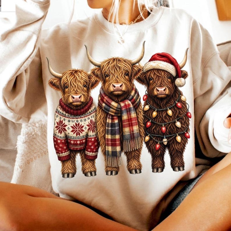 Adorable Christmas Highland Cow Trio Sublimation Design
