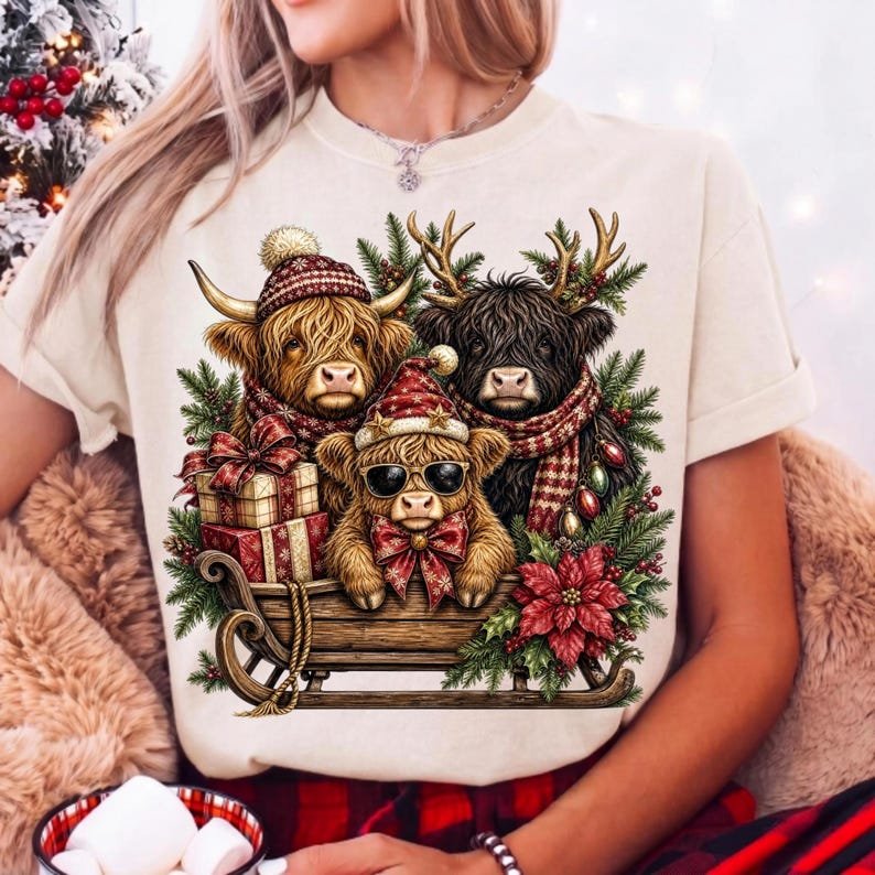 Christmas Highland Cow in Sleigh Digital Design