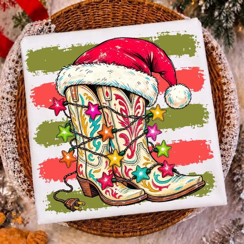 Christmas Cowboy Boots PNG design on a white background with a Santa hat and festive elements.