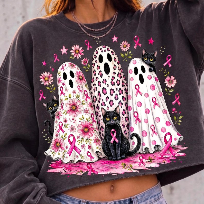 Breast Cancer Ghosts PNG Pink Ribbon Halloween Sublimation Design
