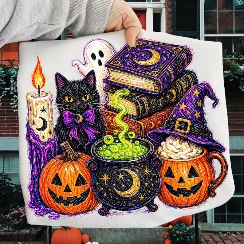 Classic Halloween Witch PNG with Black Cat, Cauldron, and Pumpkin design on a transparent background.