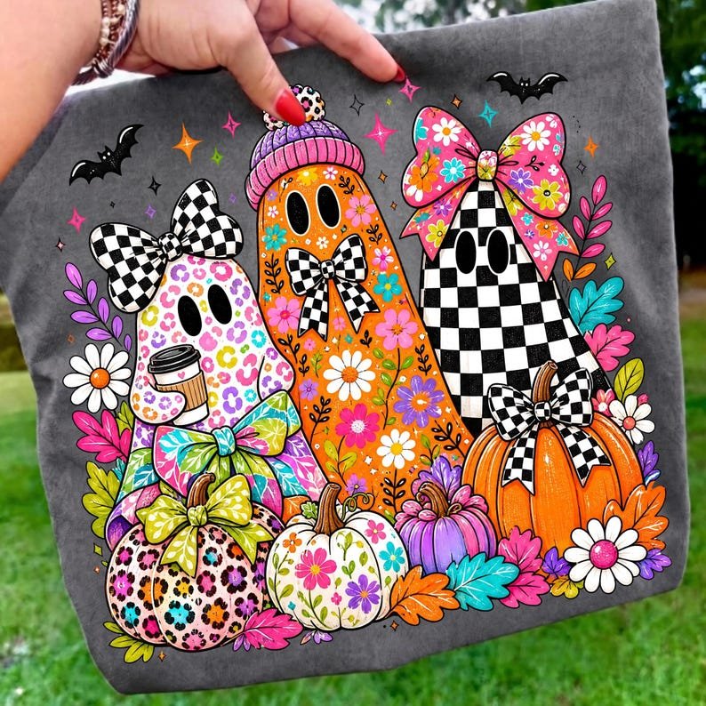 Preppy Halloween Ghost PNG with Colorful Floral Pumpkin and Bow