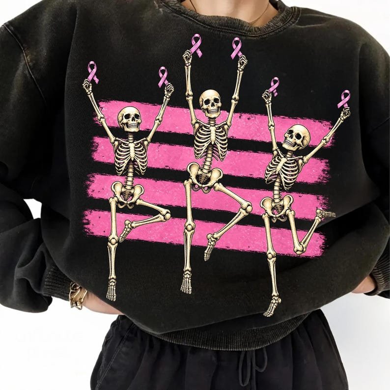 Breast Cancer Skeleton PNG with Pink Ribbon for Halloween