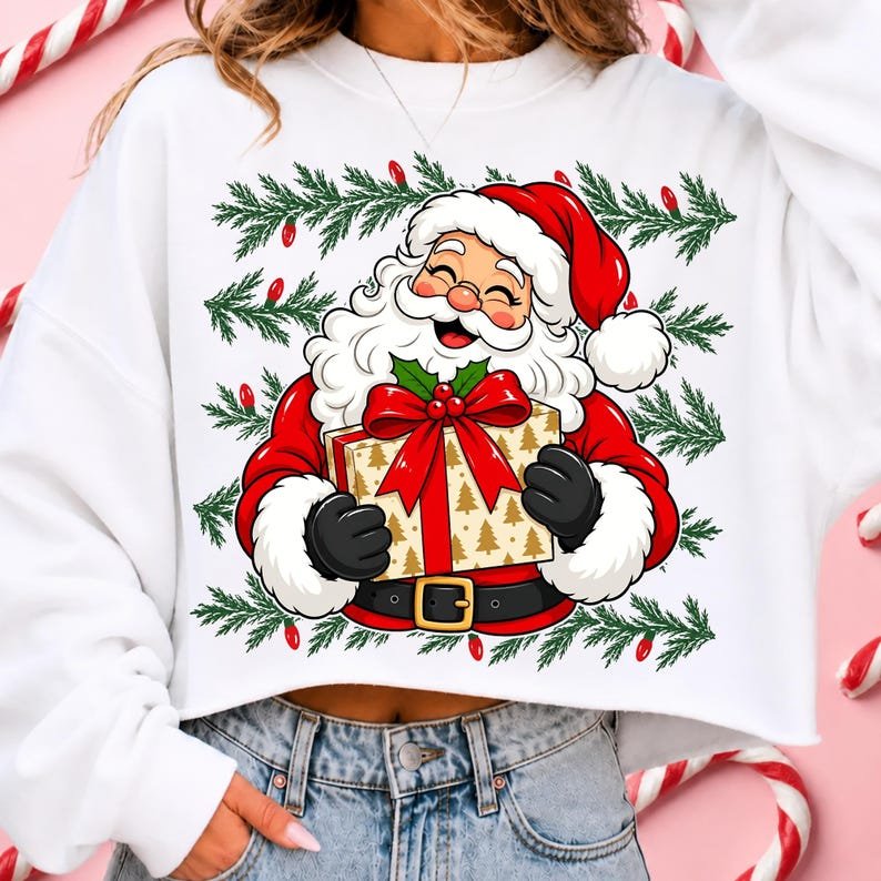 Retro Santa Claus Christmas sublimation design on a white t-shirt